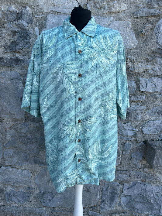 90s green stripes&palm leaves shirt Medium