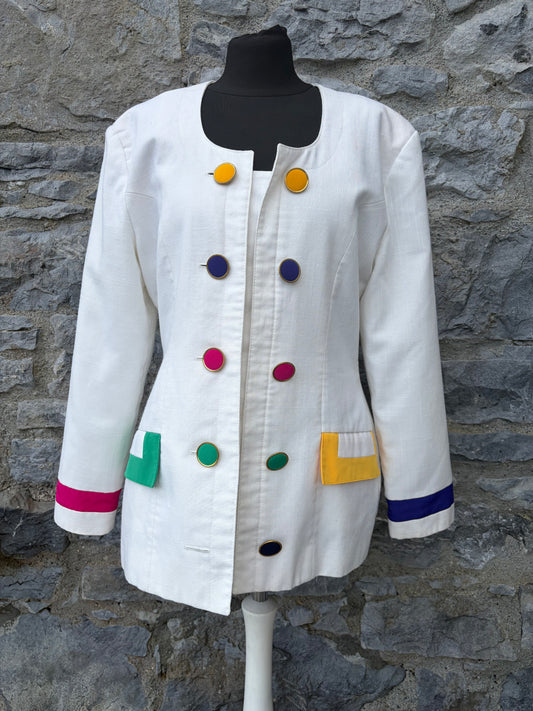 80s white jacket with multi-colored buttons uk 12