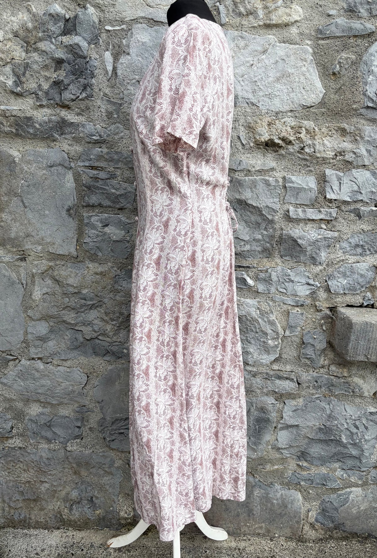 80s white&brown lace print dress uk 12