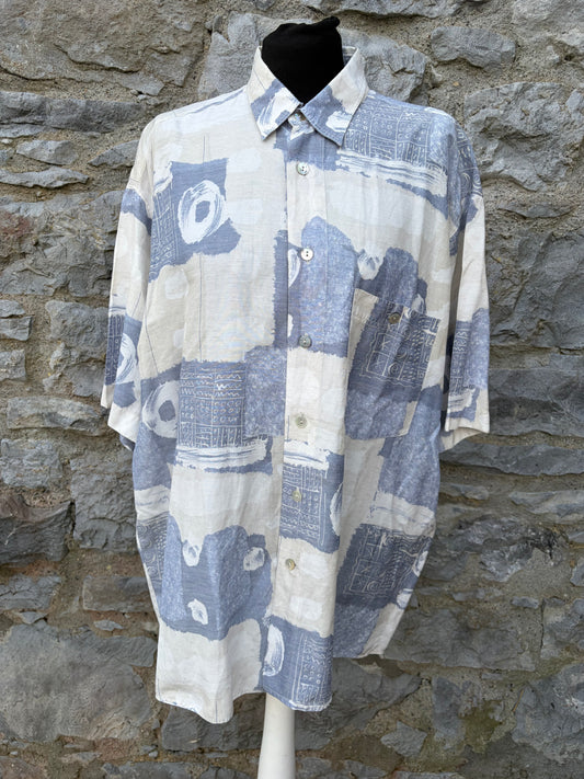 80s blue&white patchwork shirt Large