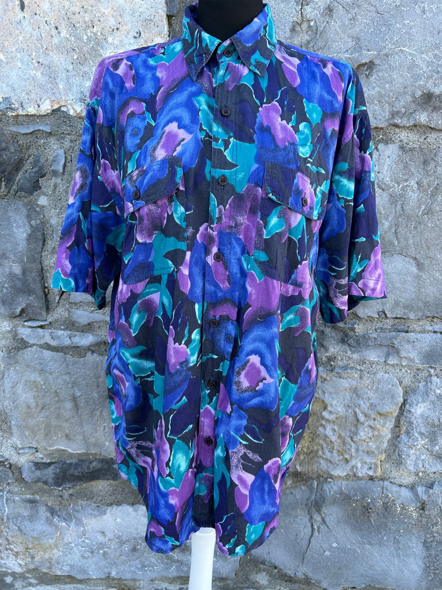 80s Blue&purple flowers shirt Medium