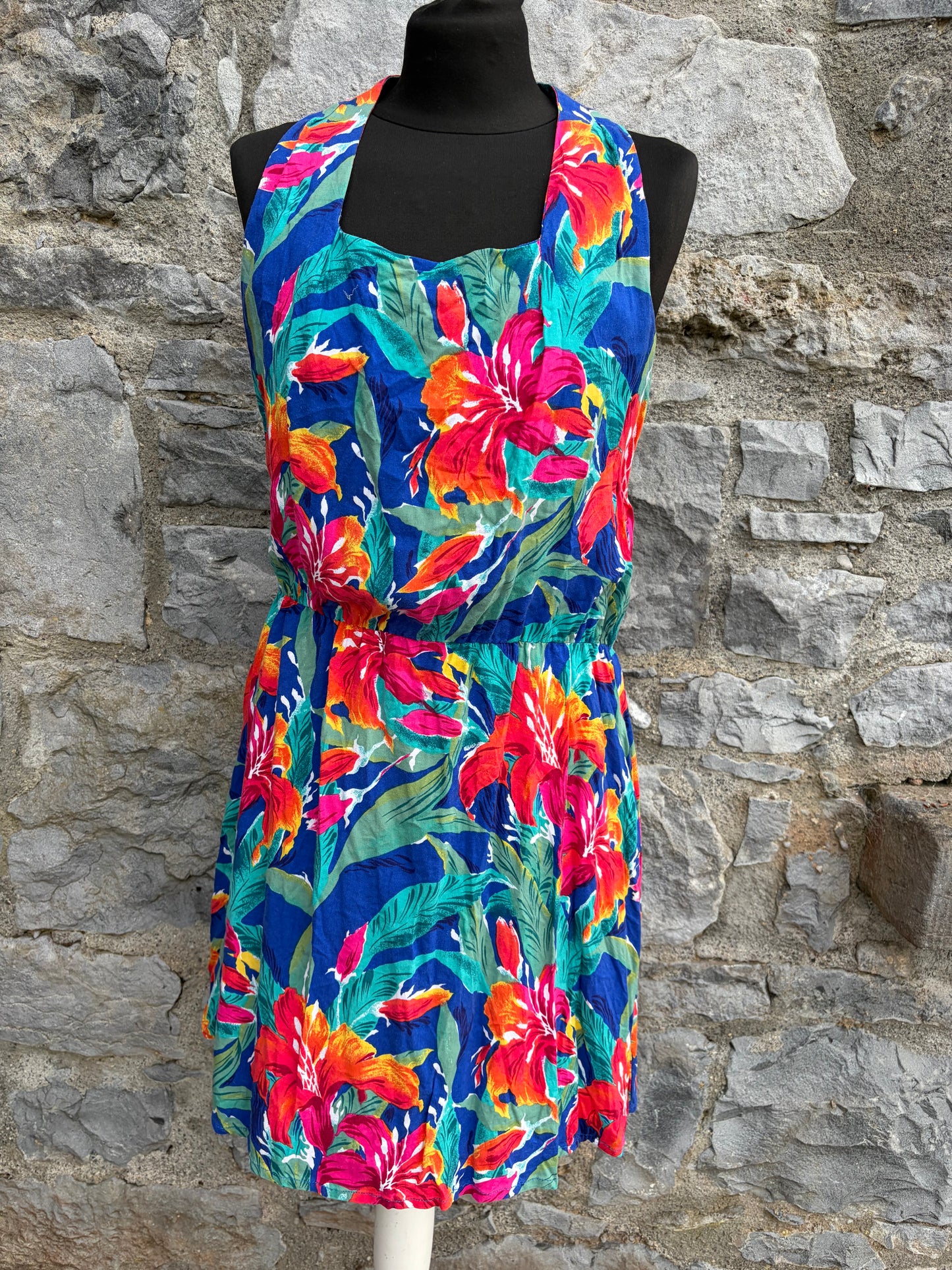 80s tropical floral print halter dress uk 12