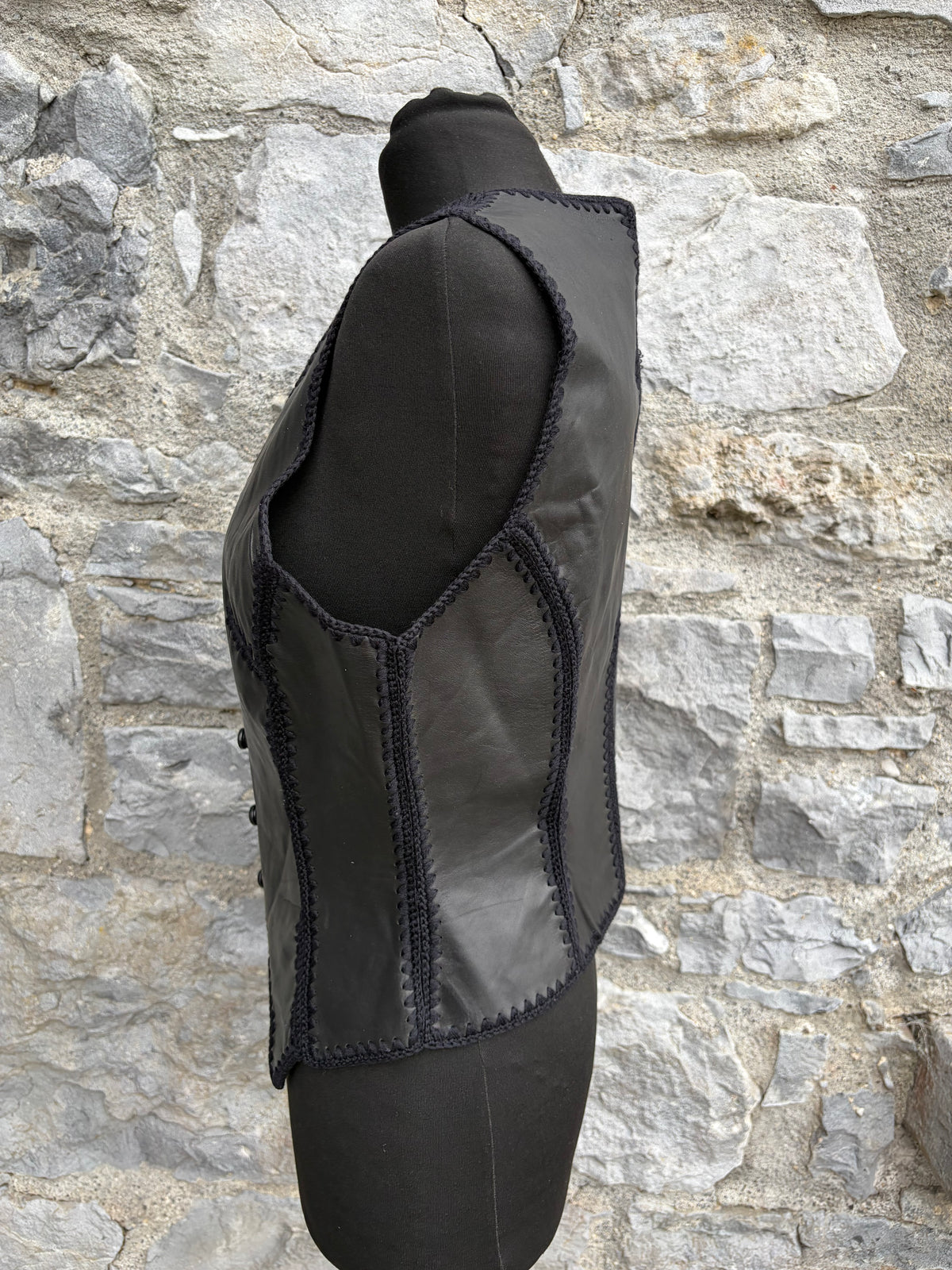 80s black leather patchwork waistcoat uk 10-12