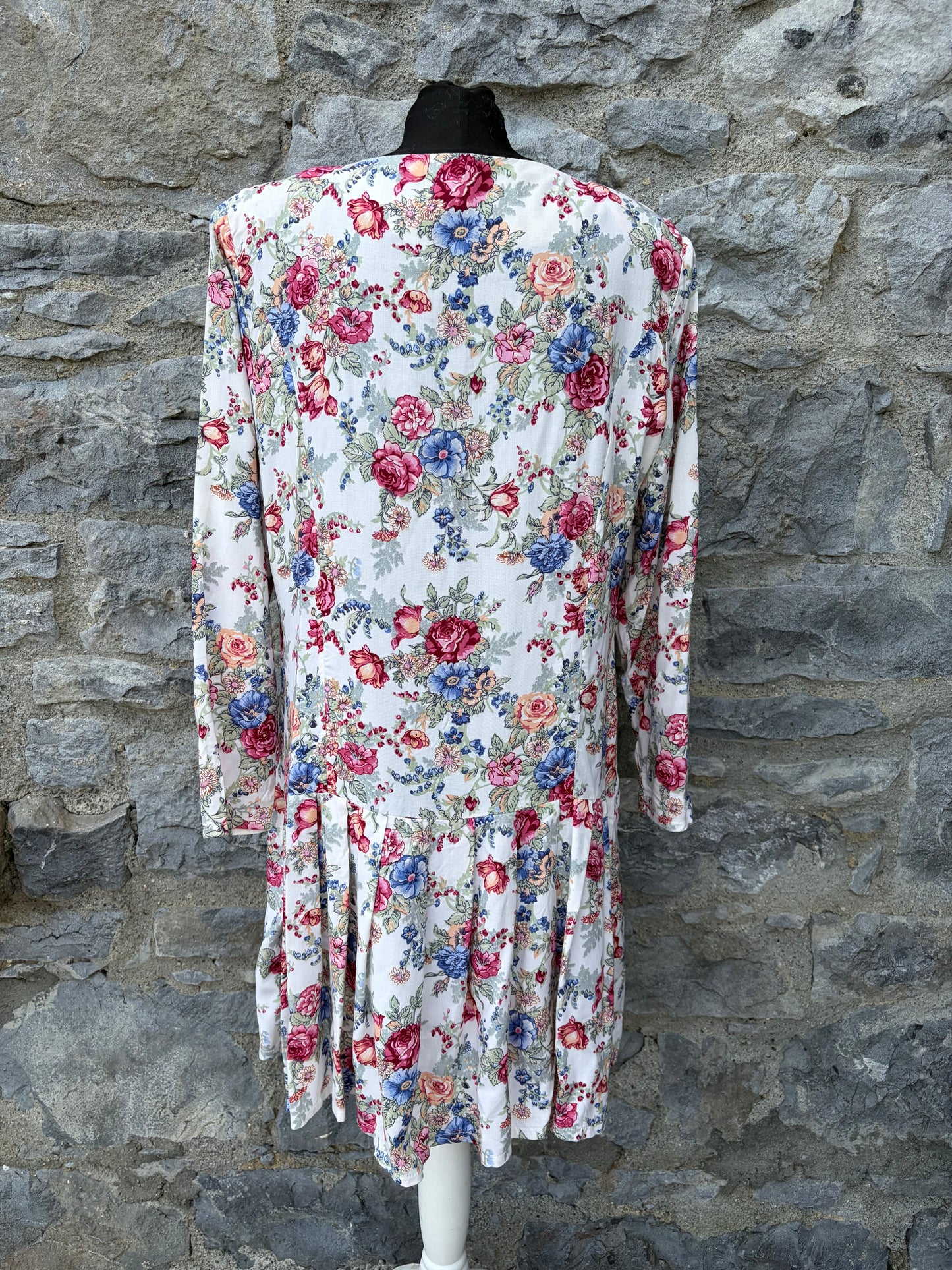 80s floral white drop-waist dress uk 12