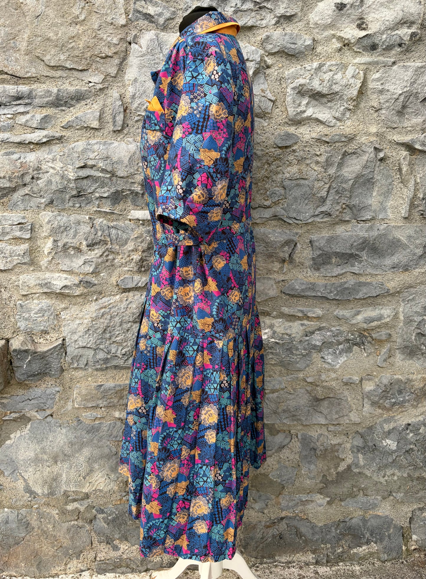 80s blue floral dropped waist dress uk 12