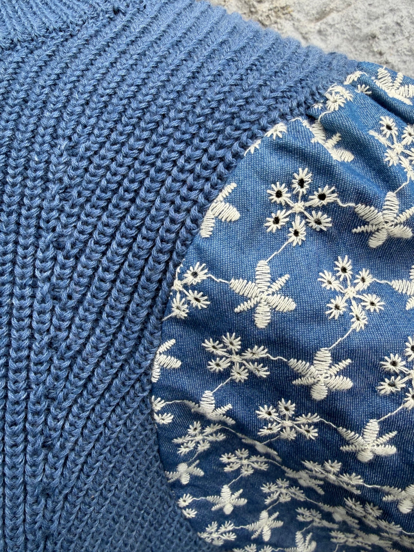 Blue knit sweater with floral denim sleeves uk 12