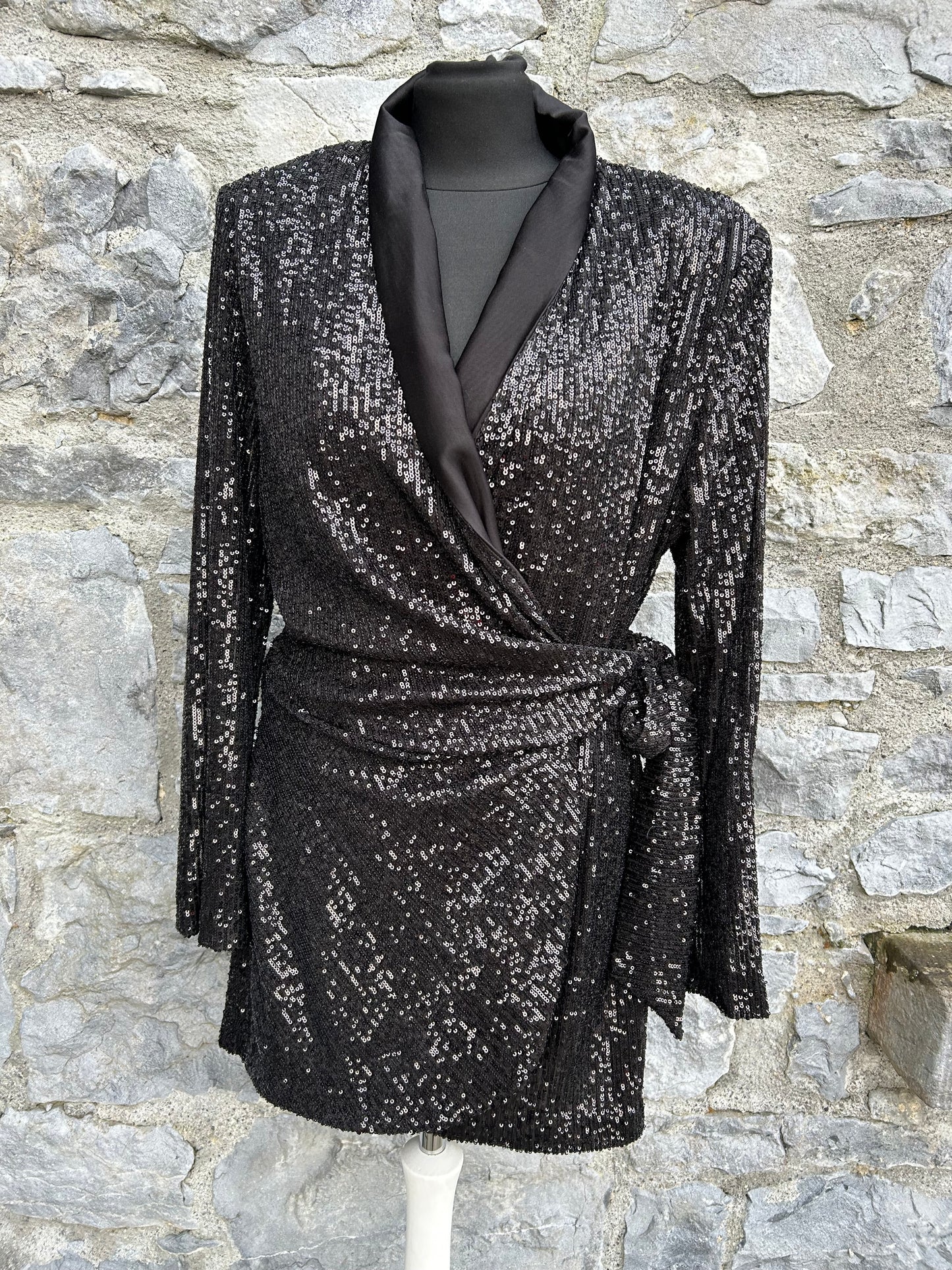 Black sequin wrap mini dress 12-14