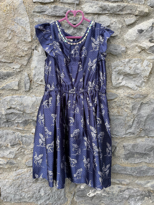 Unicorns dotty navy satin dress  9-10y (134-140cm)