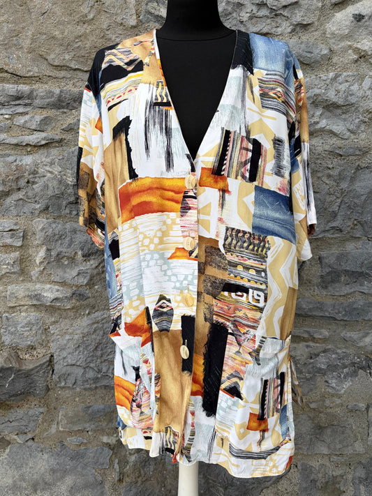 80s abstract patchwork beige& brown blouse uk 16