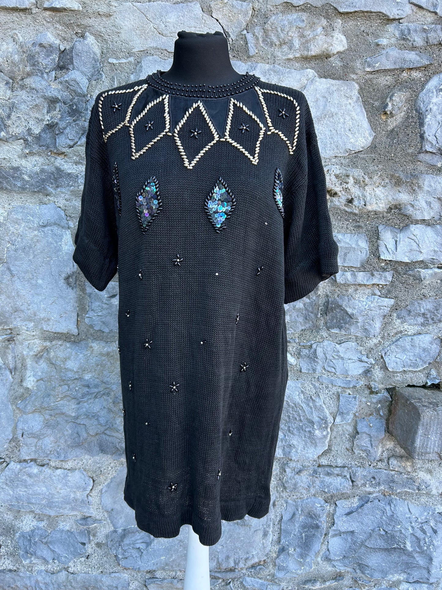 80s black embroidered knitted dress uk 12-14