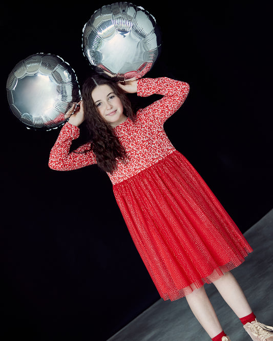 Red floral&tulle dress  10-11y (140-146cm)