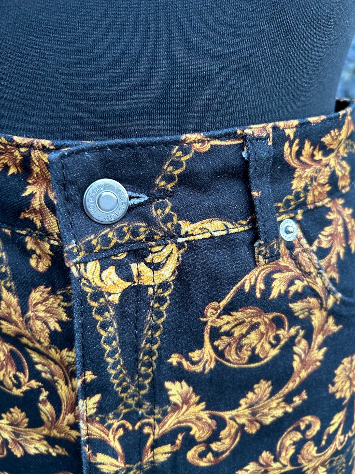 Black&gold chain print mini denim skirt uk 8