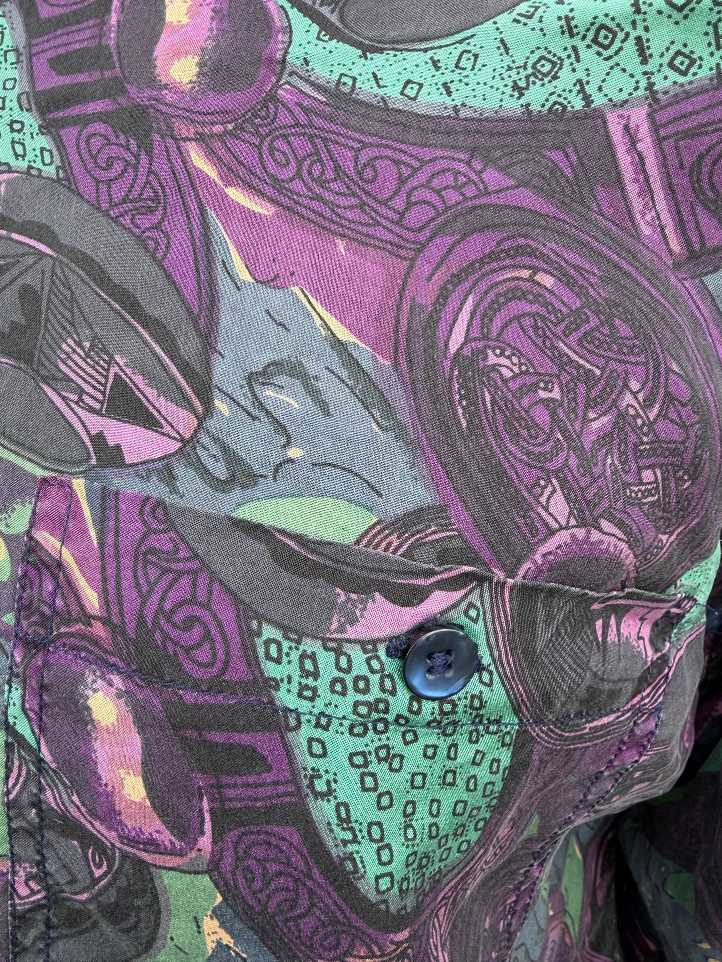 80s silk purple&teal print shirt Medium