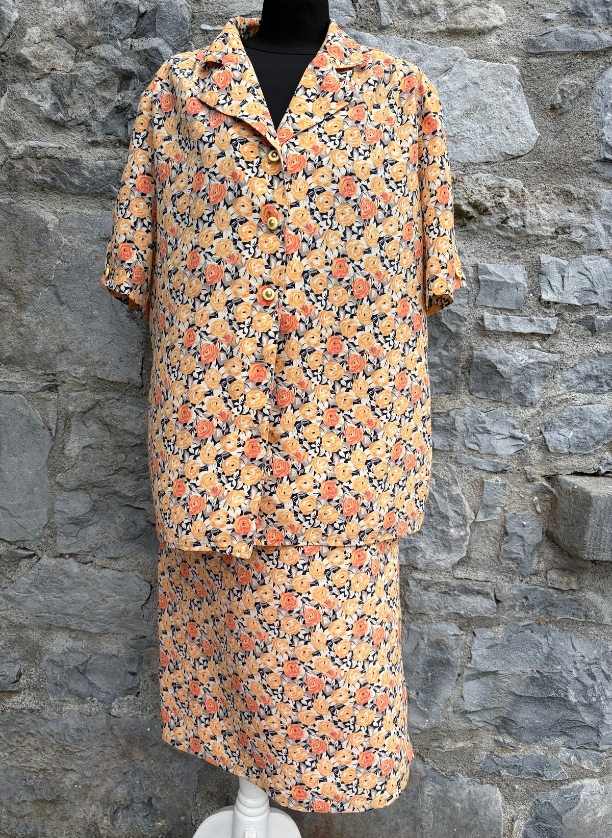 90s orange roses blouse&skirt uk 14-16