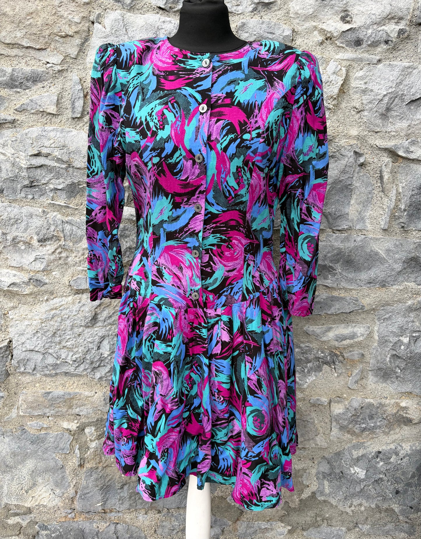 80s pink&turquoise drop waist dress uk 8-10