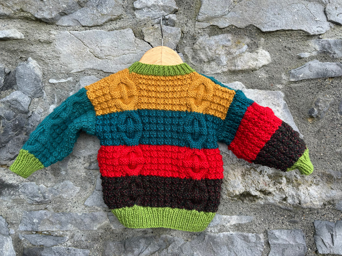 Aran style green&colour panels cardigan  18-24m (86-92cm)