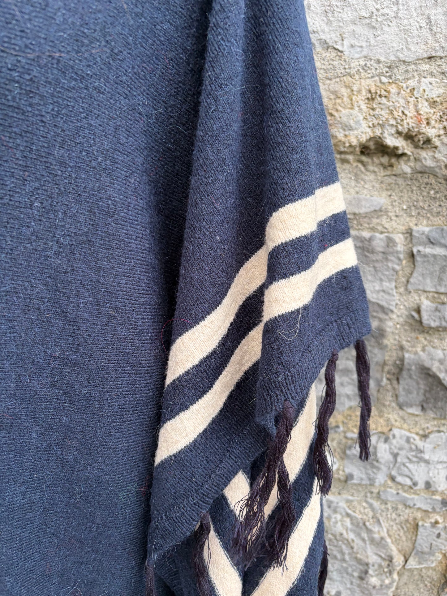 Navy Blanket Tassel Knitted Poncho