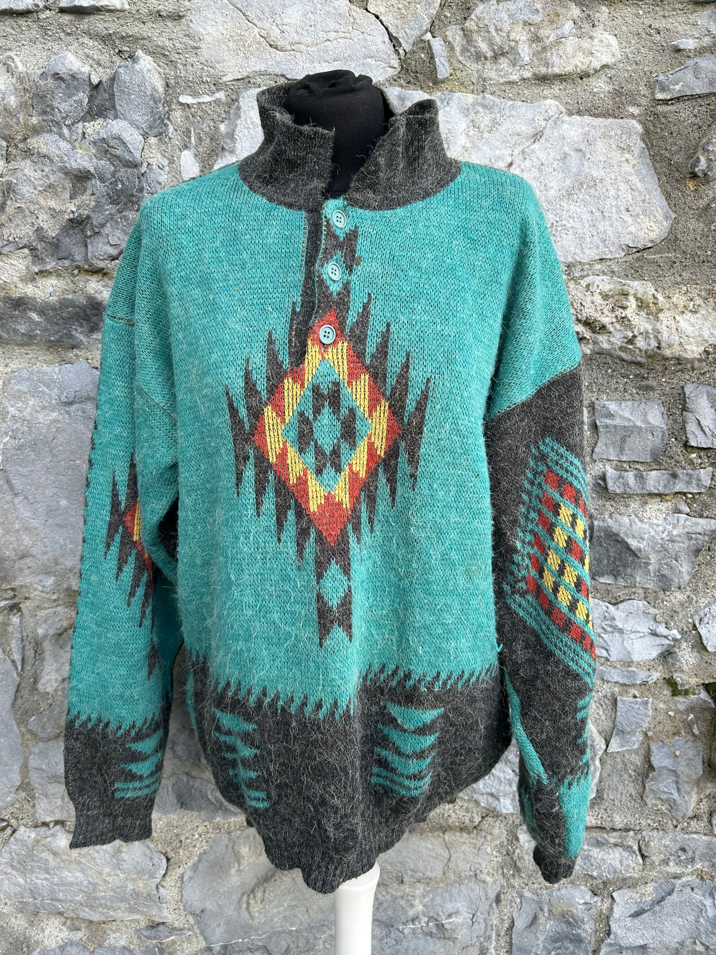 80s grey&teal aztec print jumper M/L