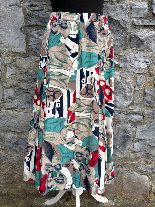 80s teal&grey abstract button up skirt uk 8-10