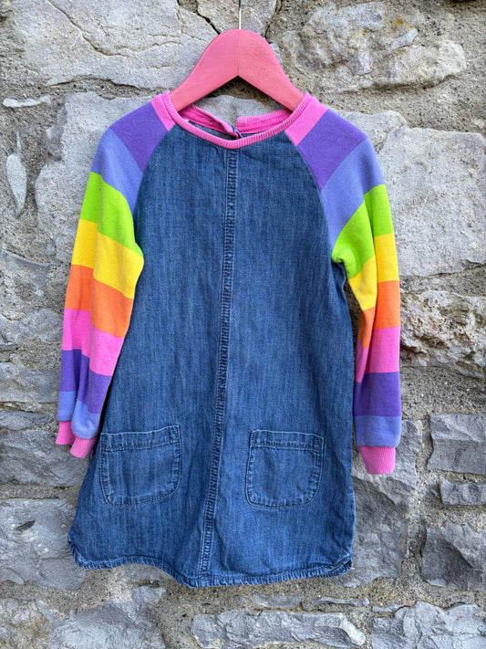 Denim dress with rainbow sleeves  4-5y (104-110cm)