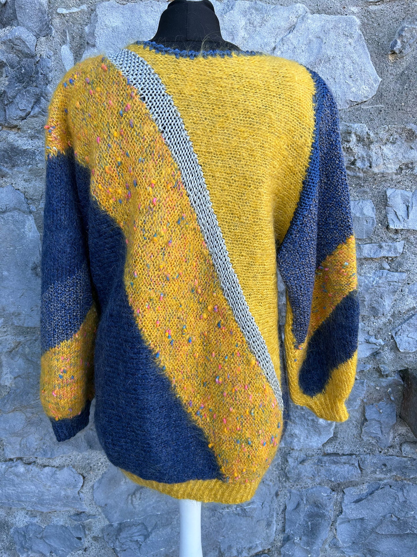 80s yellow&petrol woolly jumper uk 10-12