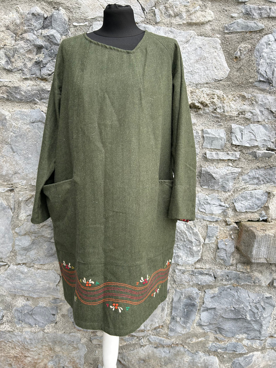 Khaki wool embroidered dress uk 12-14