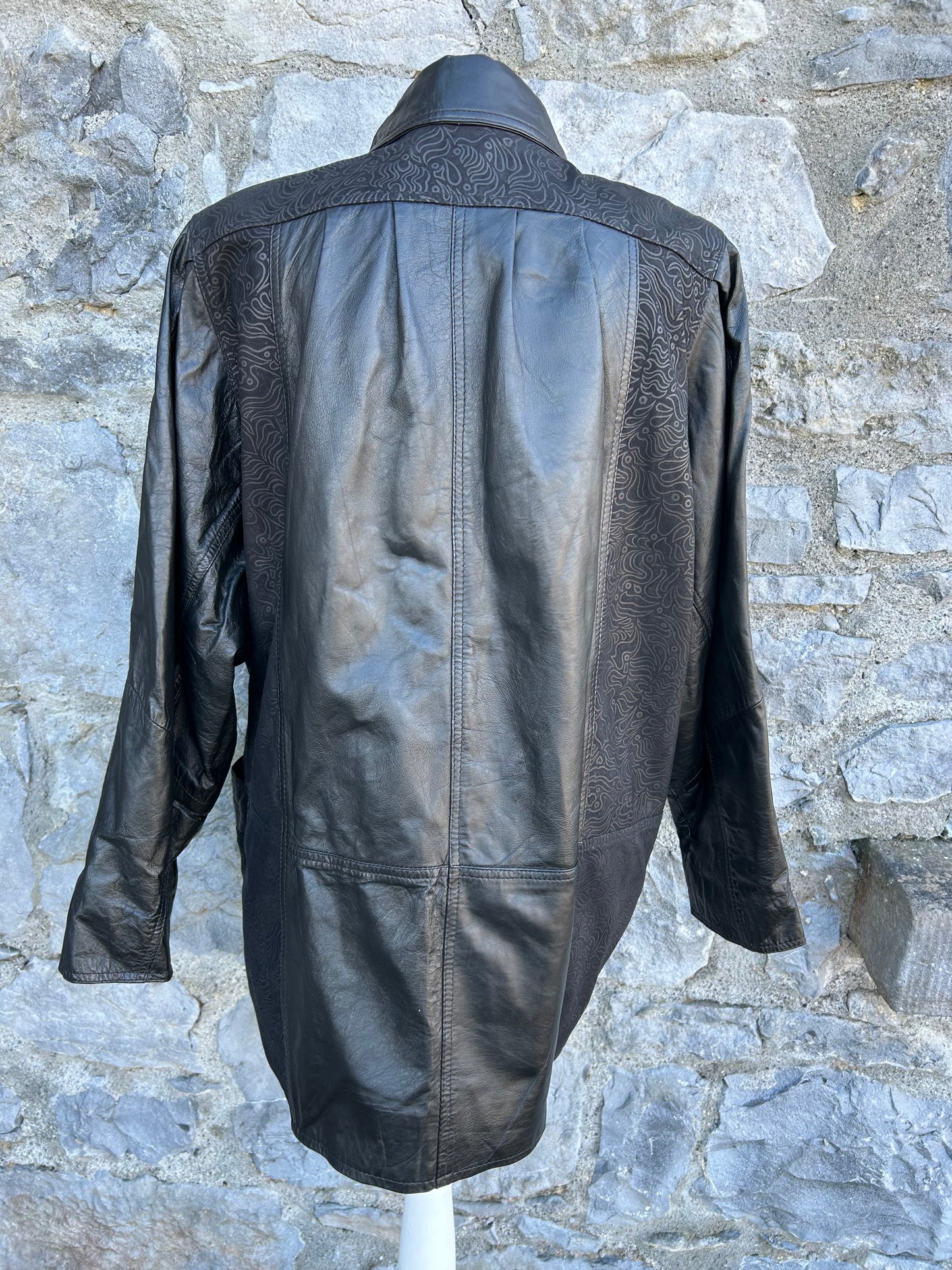 80s black leather long jacket uk 12-14