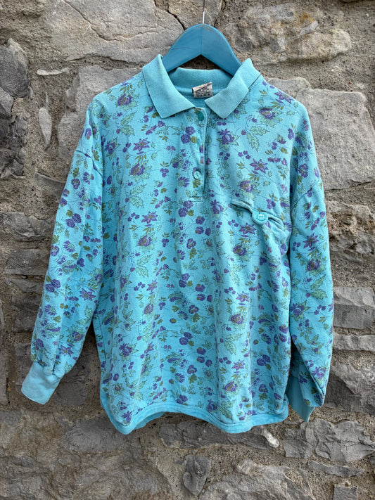 80s floral teal blue polo shirt 12y (152cm)