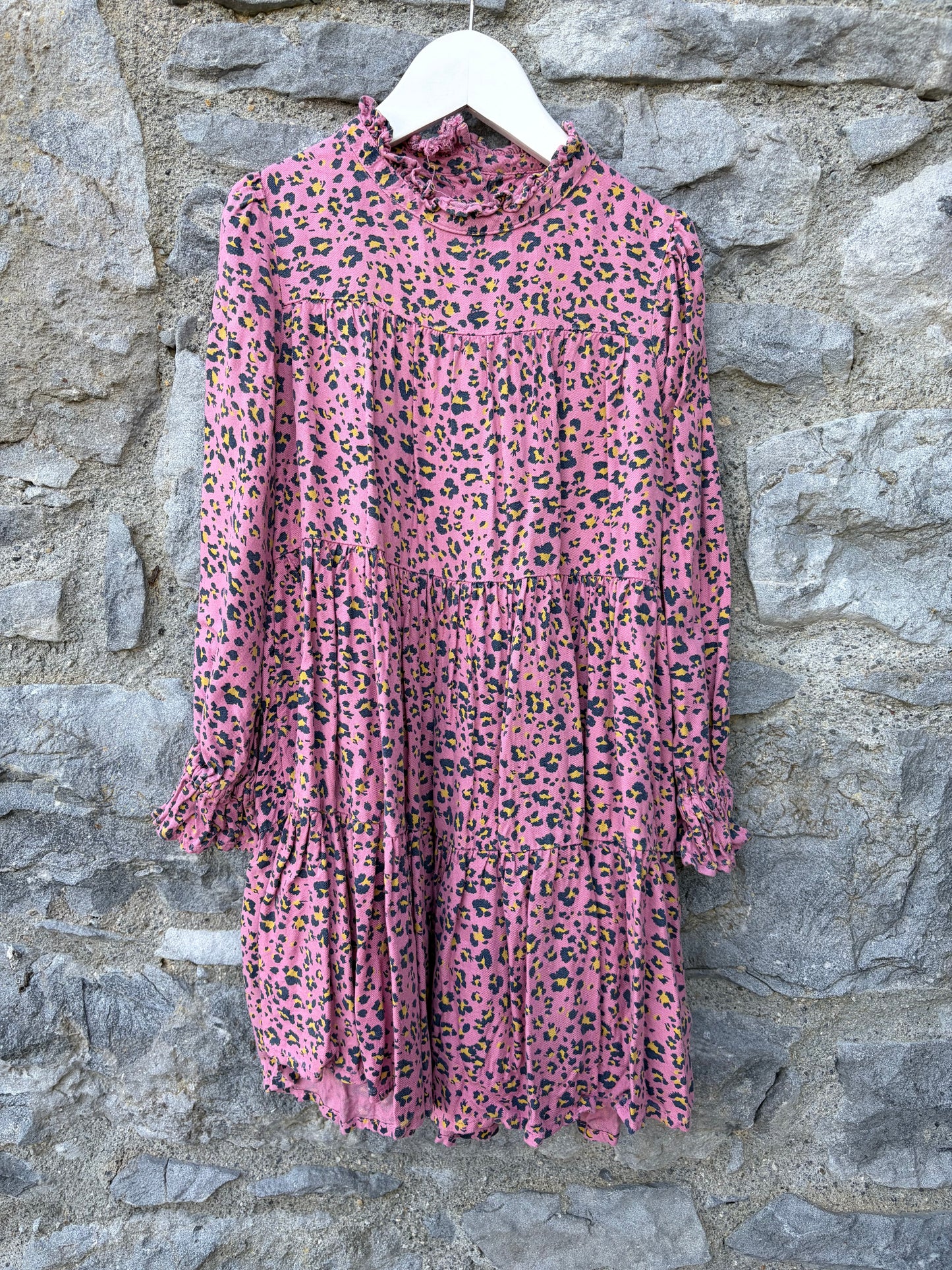 Leopard print pink tiered dress  7-8y (122-128cm)