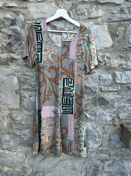 80s beige abstract patchwork dress uk 4-6