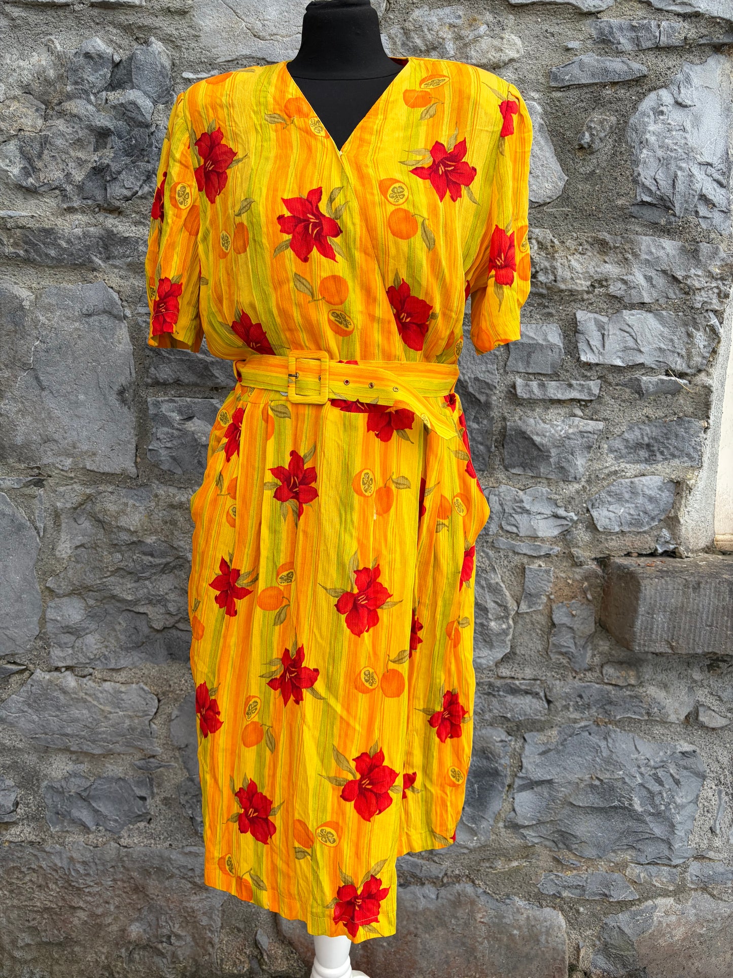 80s flowers&fruit yellow dress uk 8-10