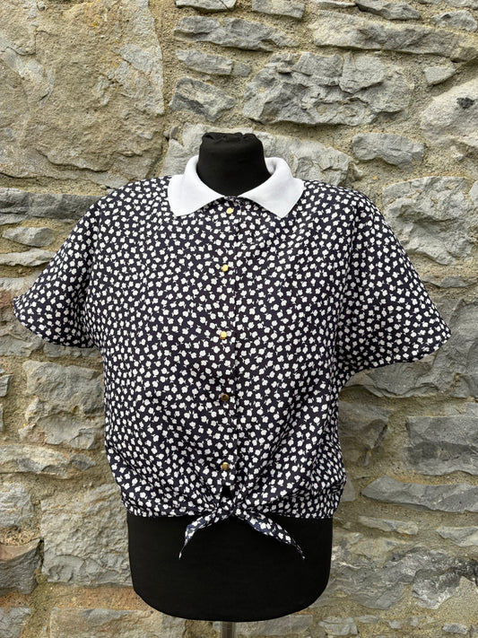 80s Black&white Flower blouse uk 12-14