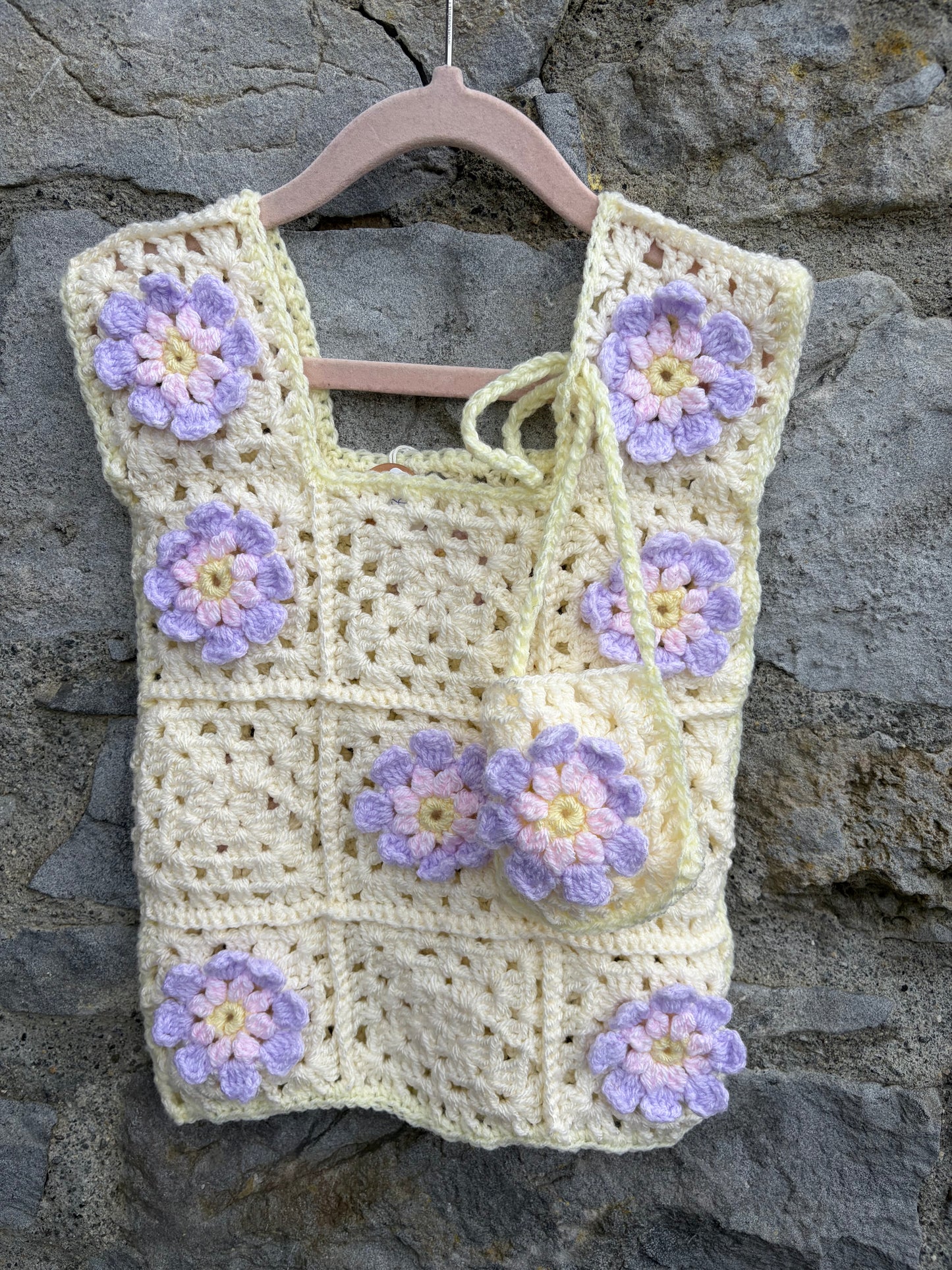 Flower crochet cream top&bag   3-4y (98-104cm)