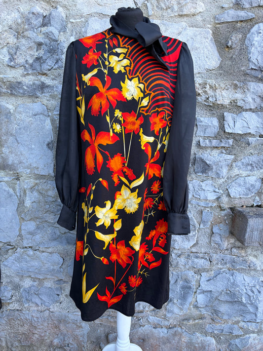 80s red&yellow floral black dress uk 12