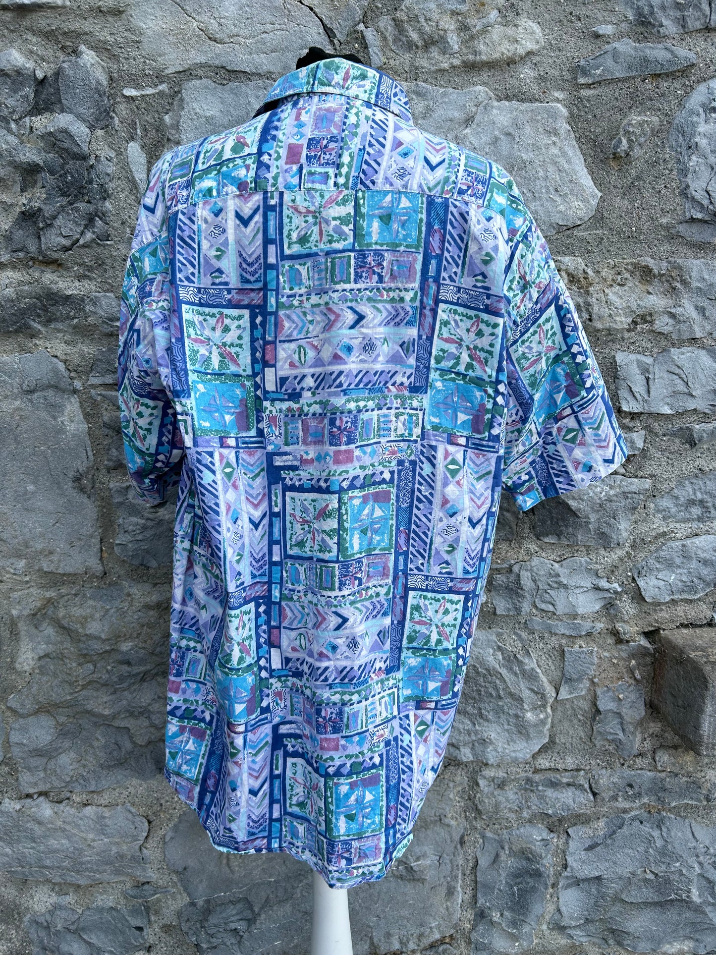 80s blue abstract patchwork shirt M/L