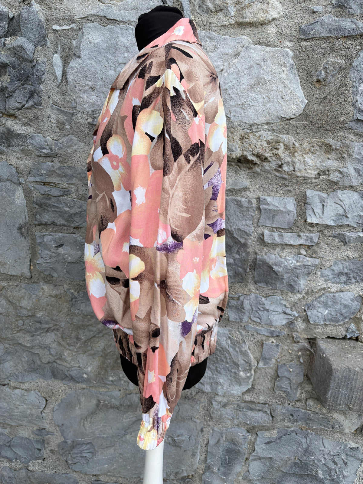 80s pink&brown leaves blouse uk 12