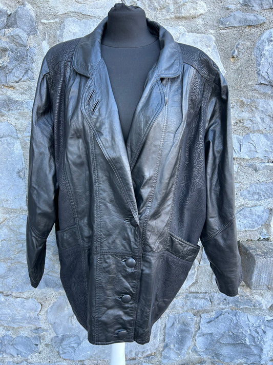 80s black leather long jacket uk 12-14