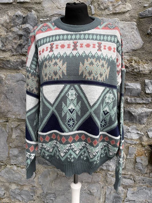 80s khaki geometric pattern jumper Large