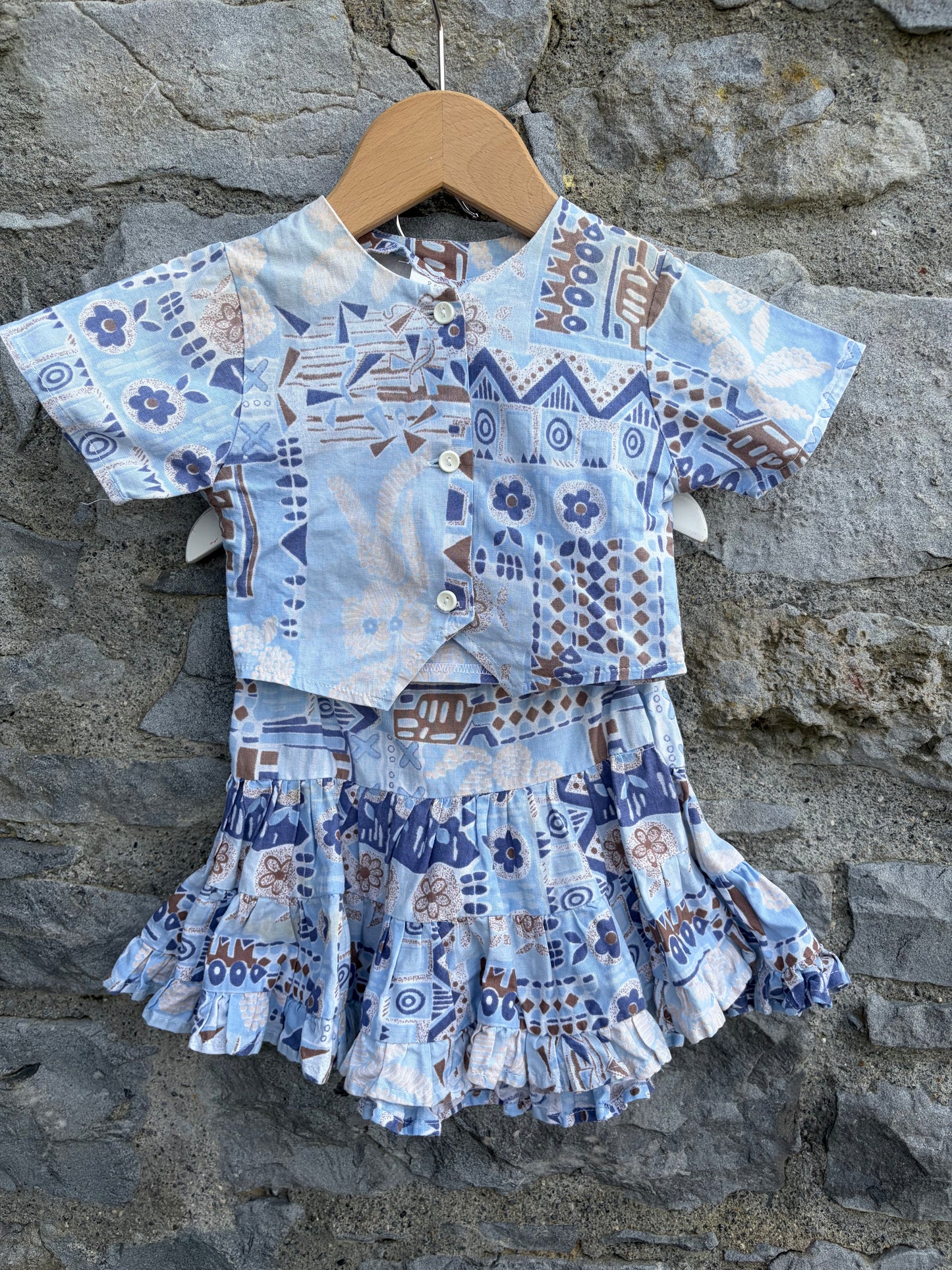 90s blue abstract top&skirt 2y (92cm)