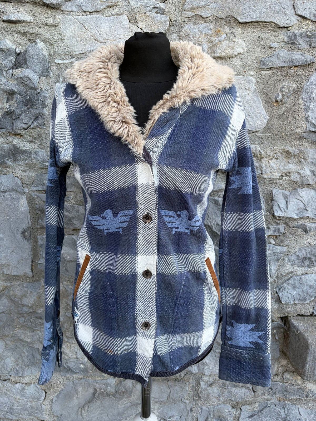 Y2K Aztec print furry collar navy blazer uk 6-8