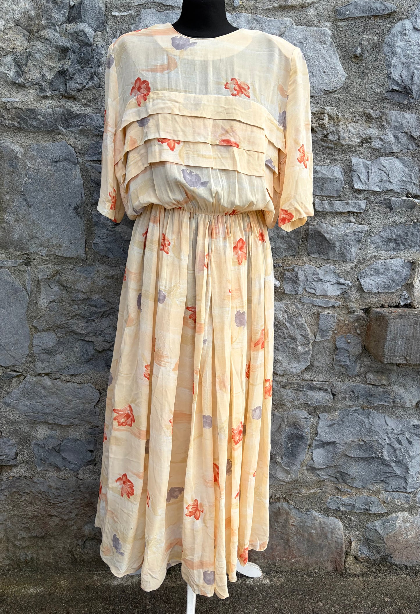 80s yellow floral sheer dress uk 12-14