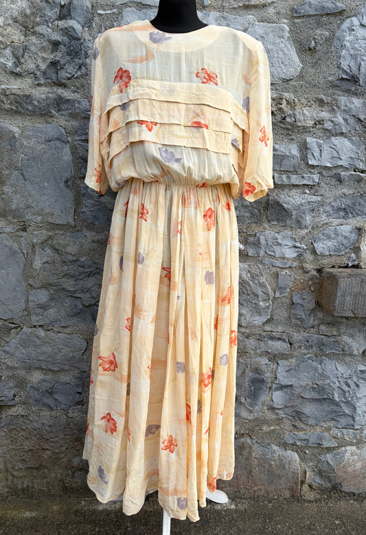80s yellow floral sheer dress uk 12-14