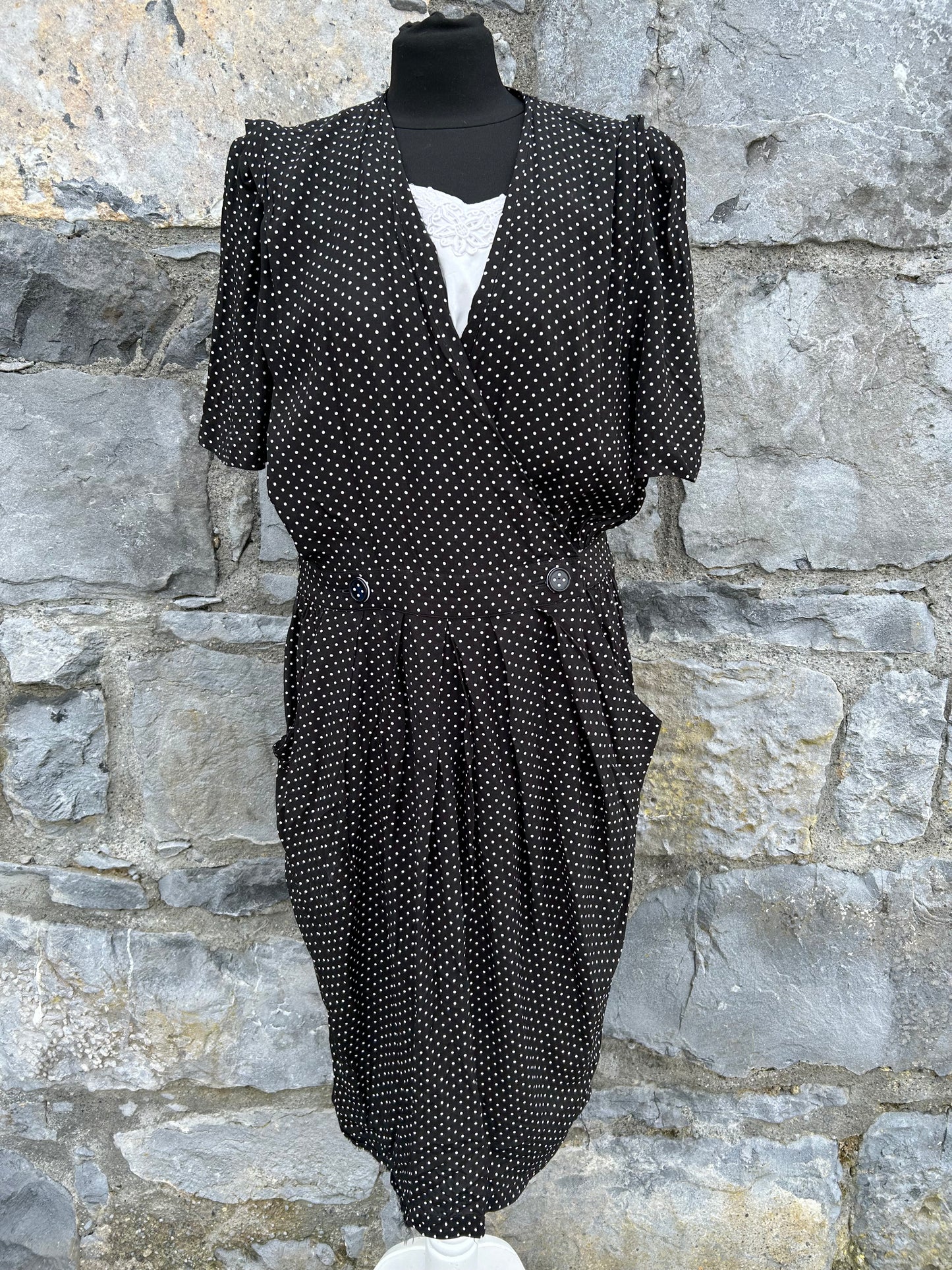 80s black spotty fix wrap dress uk 14