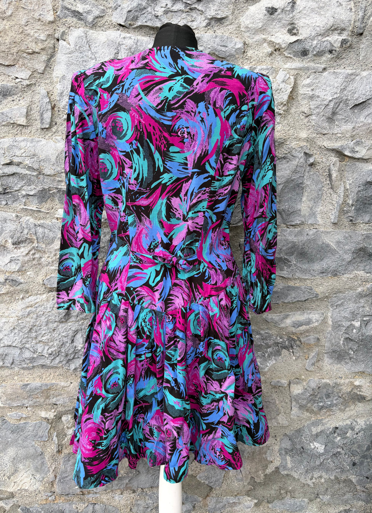 80s pink&turquoise drop waist dress uk 8-10