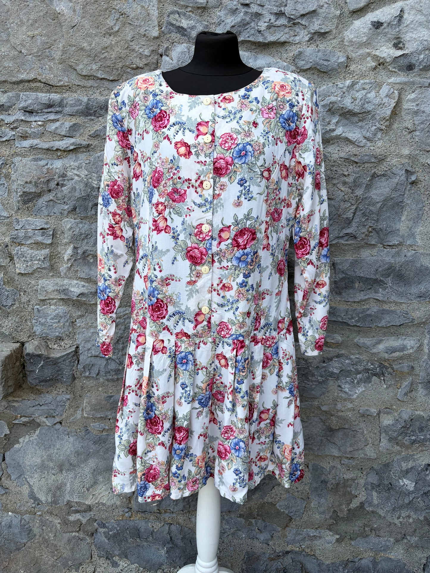 80s floral white drop-waist dress uk 12