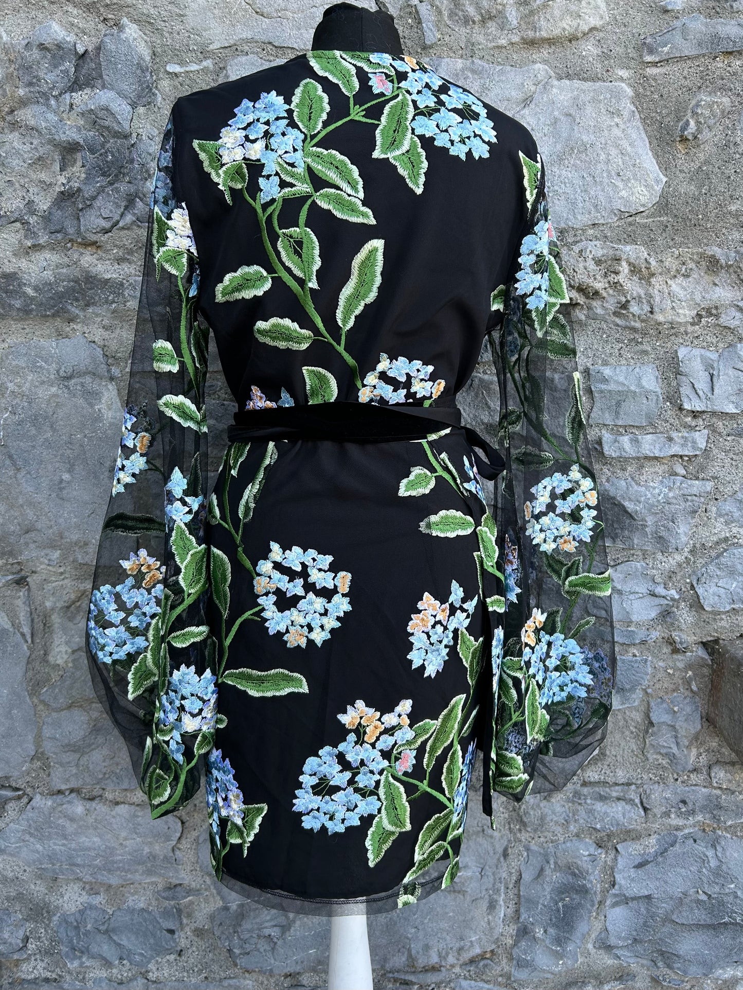 Embroidered floral black wrap dress uk 10-12