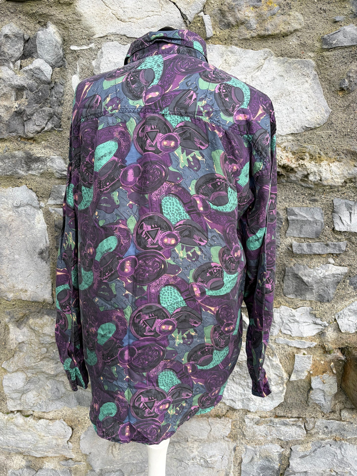 80s silk purple&teal print shirt Medium
