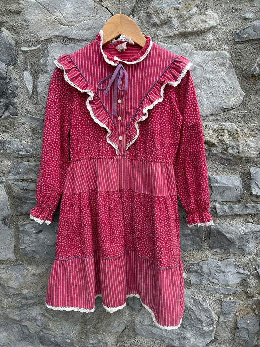 80s red dots&stripes ruffled dress  7-8y (122-128cm)