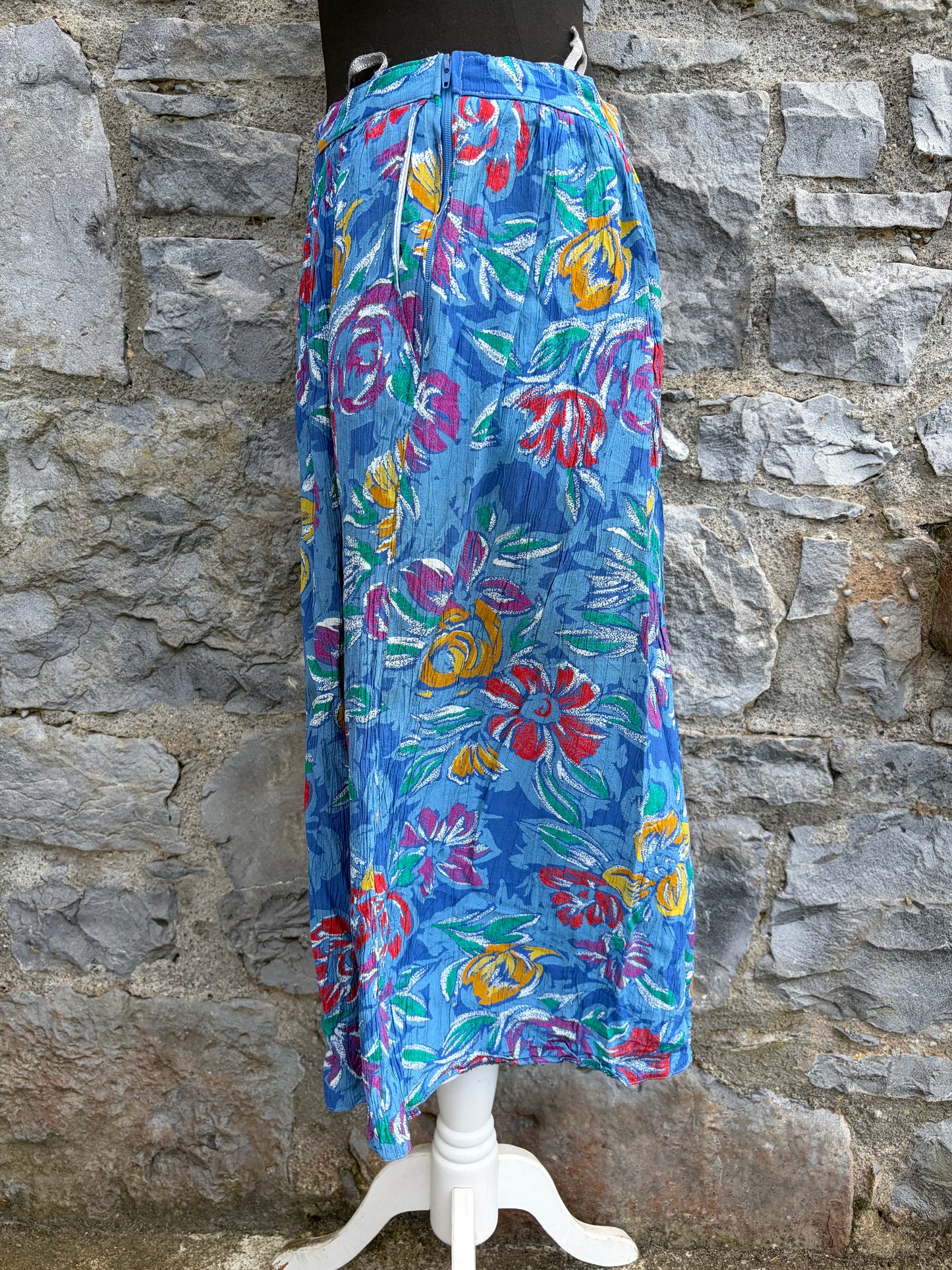 80s blue wrinkled floral skirt uk 12