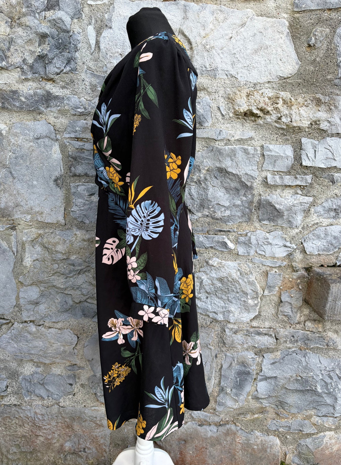 Black floral print faux wrap dress uk 8